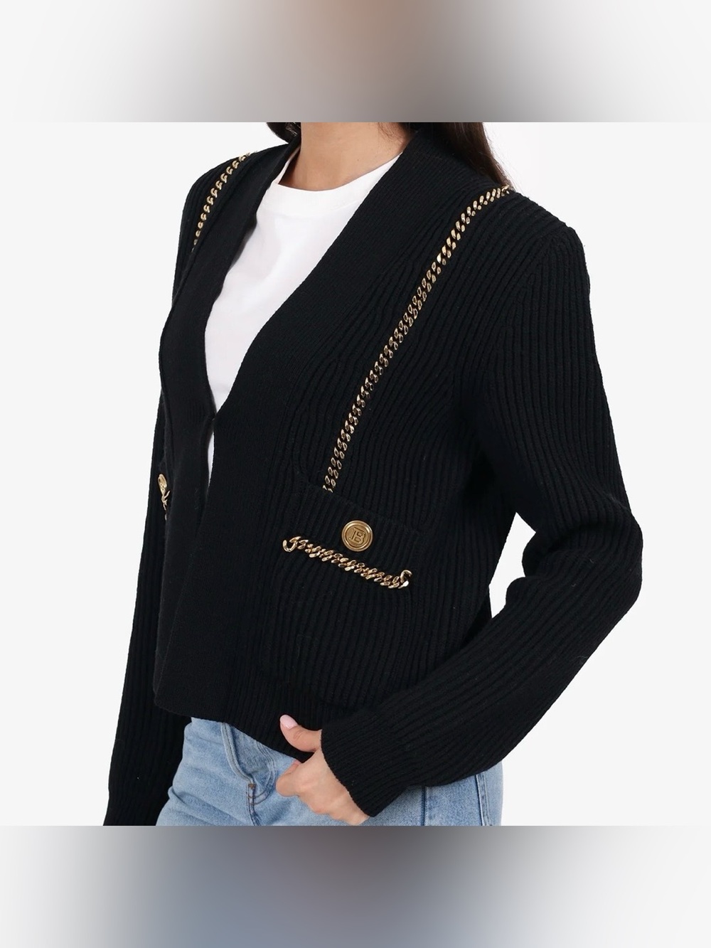 Balmain NWT Black Chain Embellished Wool Cardigan FR 42